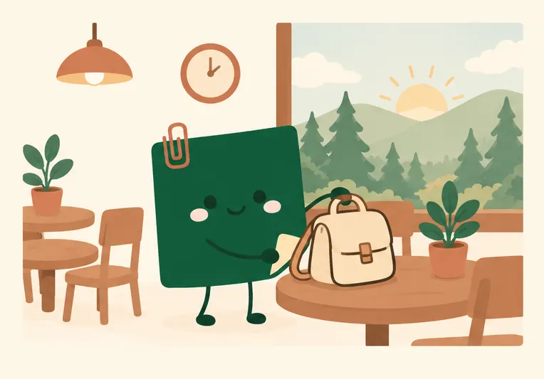 Mascot Daily Log Coffee đến quán sớm buổi sáng, chọn bàn trống cạnh cửa sổ để học bài