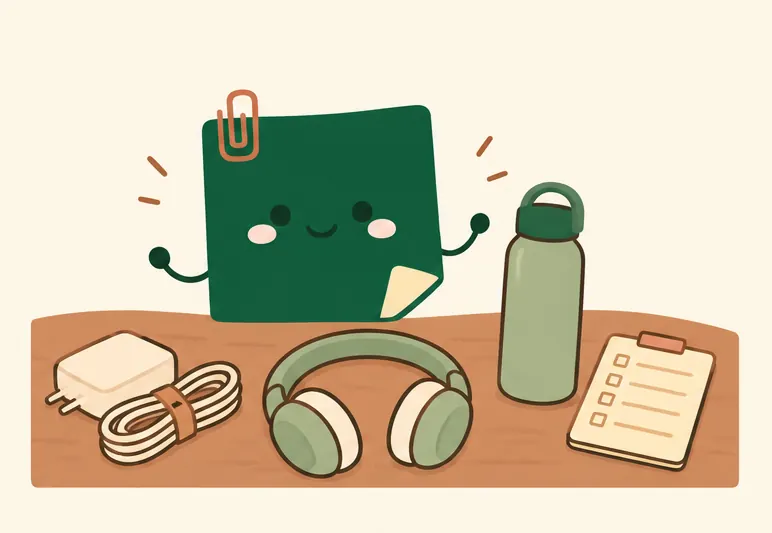 Mascot Daily Log Coffee bày sạc laptop, tai nghe, bình nước và danh sách việc cần làm khi đi học bài ở quán