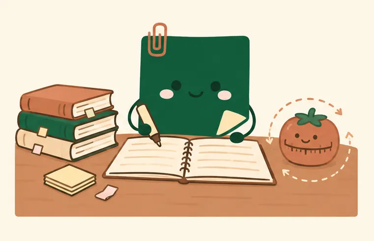 Mascot Daily Log Coffee học tập trung bên đồng hồ Pomodoro hình quả cà chua