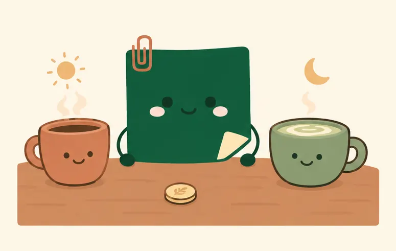 Mascot Daily Log Coffee chọn giữa cà phê đen cho buổi sáng và matcha cho buổi tối khi ôn thi