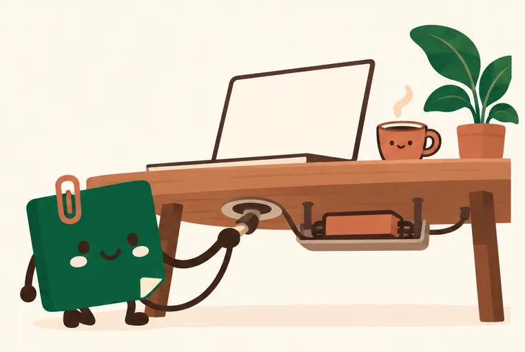 Mascot Daily Log Coffee sạc laptop bằng ổ cắm gọn gàng ngay tại bàn làm việc
