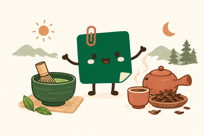 Mascot Daily Log Coffee so sánh houjicha rang màu nâu với matcha xanh của Nhật Bản