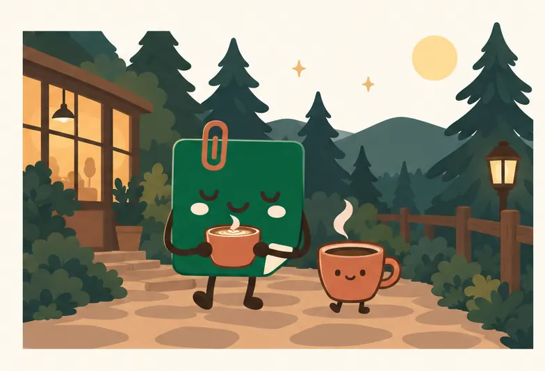 Mascot Daily Log Coffee cầm ly houjicha latte nóng dạo bước trong buổi tối Đà Lạt