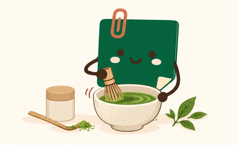 Mascot Daily Log Coffee dùng chasen đánh bột matcha xanh trong chawan