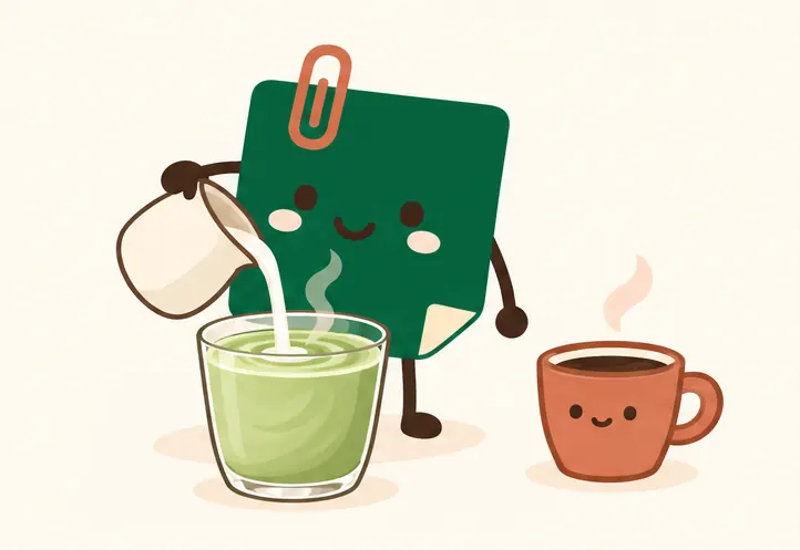 Mascot Daily Log Coffee rót sữa vào matcha để tạo ly Matcha Latte xanh mượt đồng nhất