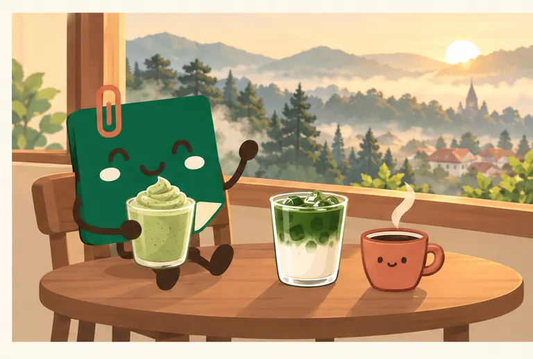 Mascot Daily Log Coffee thưởng thức Matcha Latte và Matcha Macchiato giữa không gian Đà Lạt