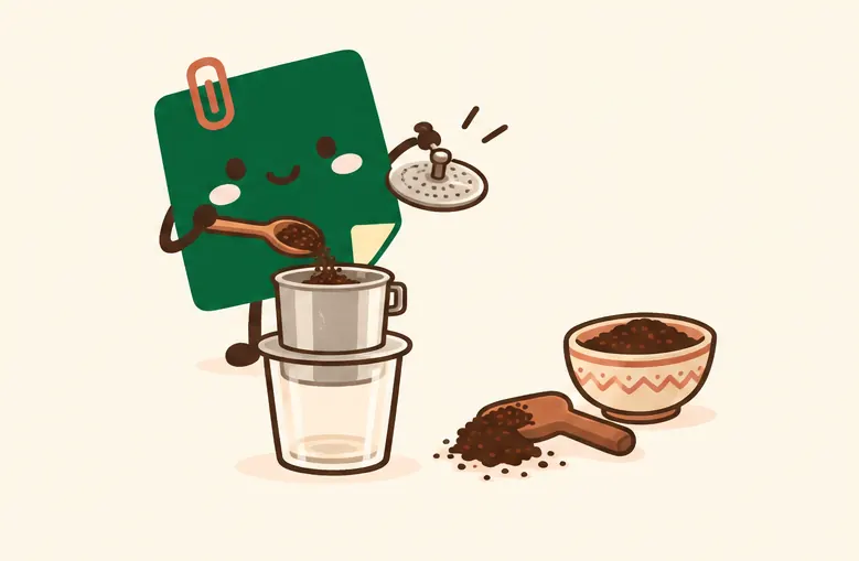 Mascot Daily Log Coffee cho cà phê xay vào phin và nén nhẹ bằng lưới nén
