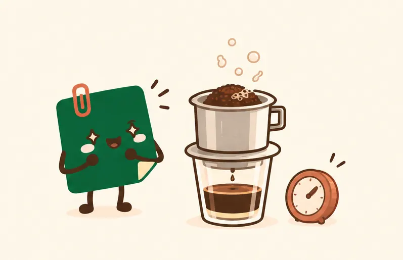 Mascot Daily Log Coffee quan sát cà phê nở phồng sủi bọt ở bước bloom khi pha cà phê phin