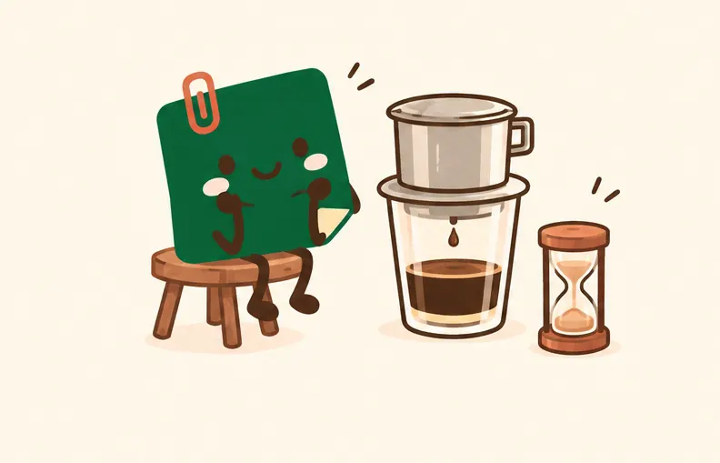 Mascot Daily Log Coffee kiên nhẫn ngồi chờ từng giọt cà phê phin nhỏ xuống ly