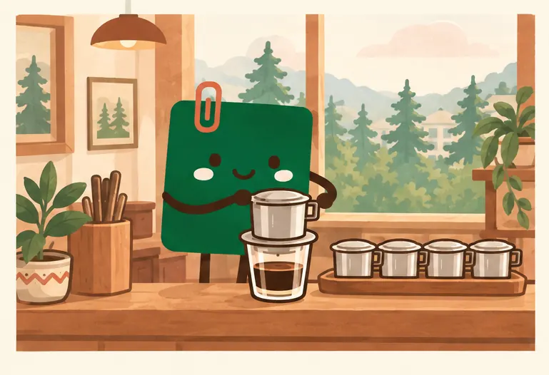 Mascot Daily Log Coffee pha cà phê phin tươi cho khách tại quầy quán cà phê Đà Lạt