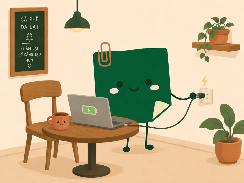 Mascot Daily Log Coffee cắm sạc laptop vào ổ điện ngay tại bàn trong quán cà phê làm việc ở Đà Lạt