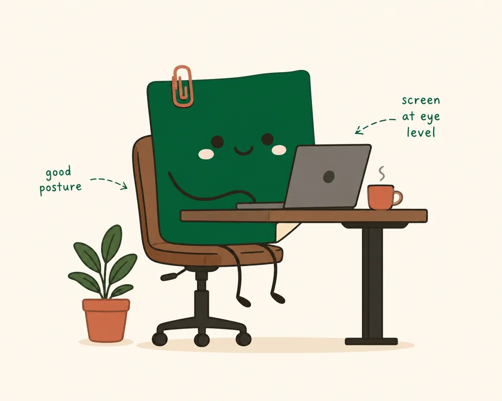 Mascot Daily Log Coffee ngồi đúng tư thế trên ghế tựa lưng, bàn cao chuẩn, laptop ngang tầm mắt