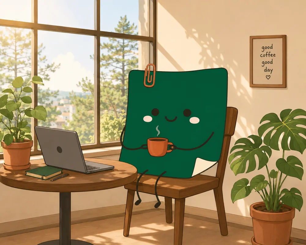Mascot Daily Log Coffee làm việc bên cửa sổ ngập ánh sáng tự nhiên và cây xanh tại quán cà phê Đà Lạt