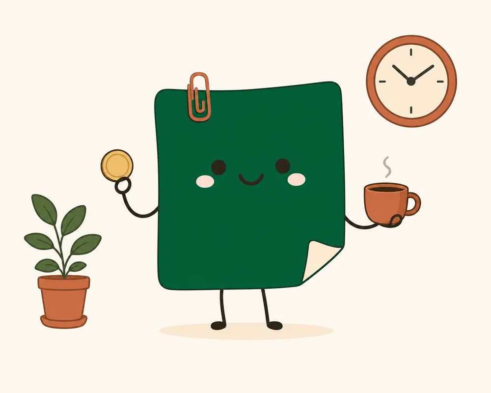 Mascot Daily Log Coffee cầm đồng xu và ly cà phê bên đồng hồ — giá hợp lý, ngồi làm việc cả ngày