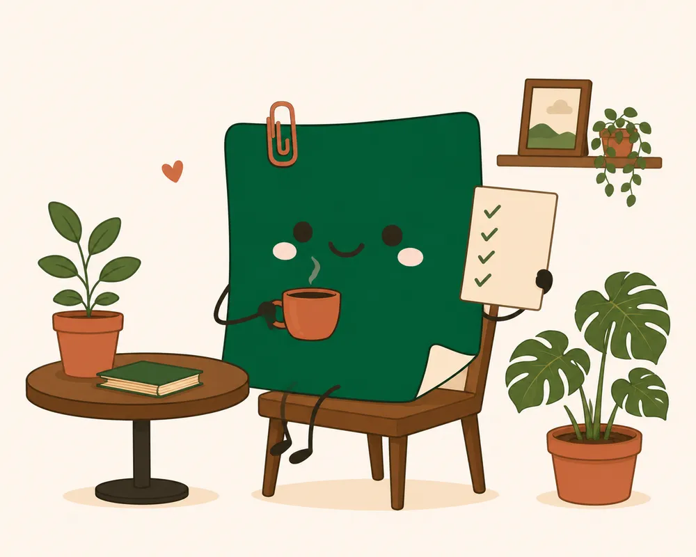 Mascot Daily Log Coffee thư giãn với ly cà phê và checklist đủ 7 tiêu chí chọn quán cà phê làm việc